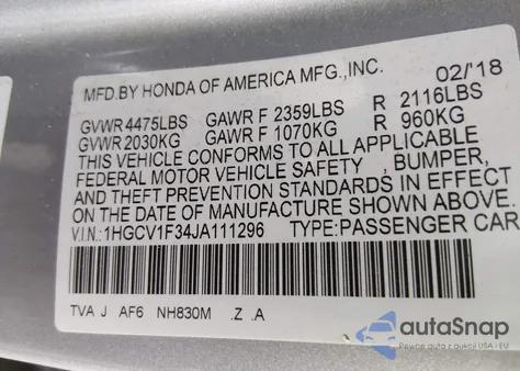 2018 Honda Accord Sport z USA, uszkodzony, nr VIN 1HGCV1F34JA111296